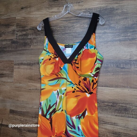 Vtg Blu Sage Floral Tropical Slip Dress M Stretch Beach Resort Vacation 90's Y2K - Picture 2 of 10